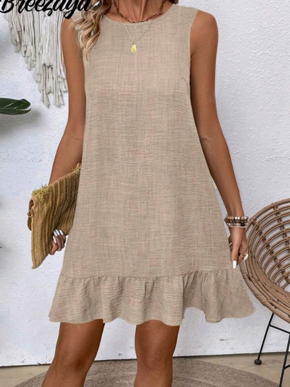 Solid Ruffle Hem Sleeveless Dress Vacation Beach Outfits Women